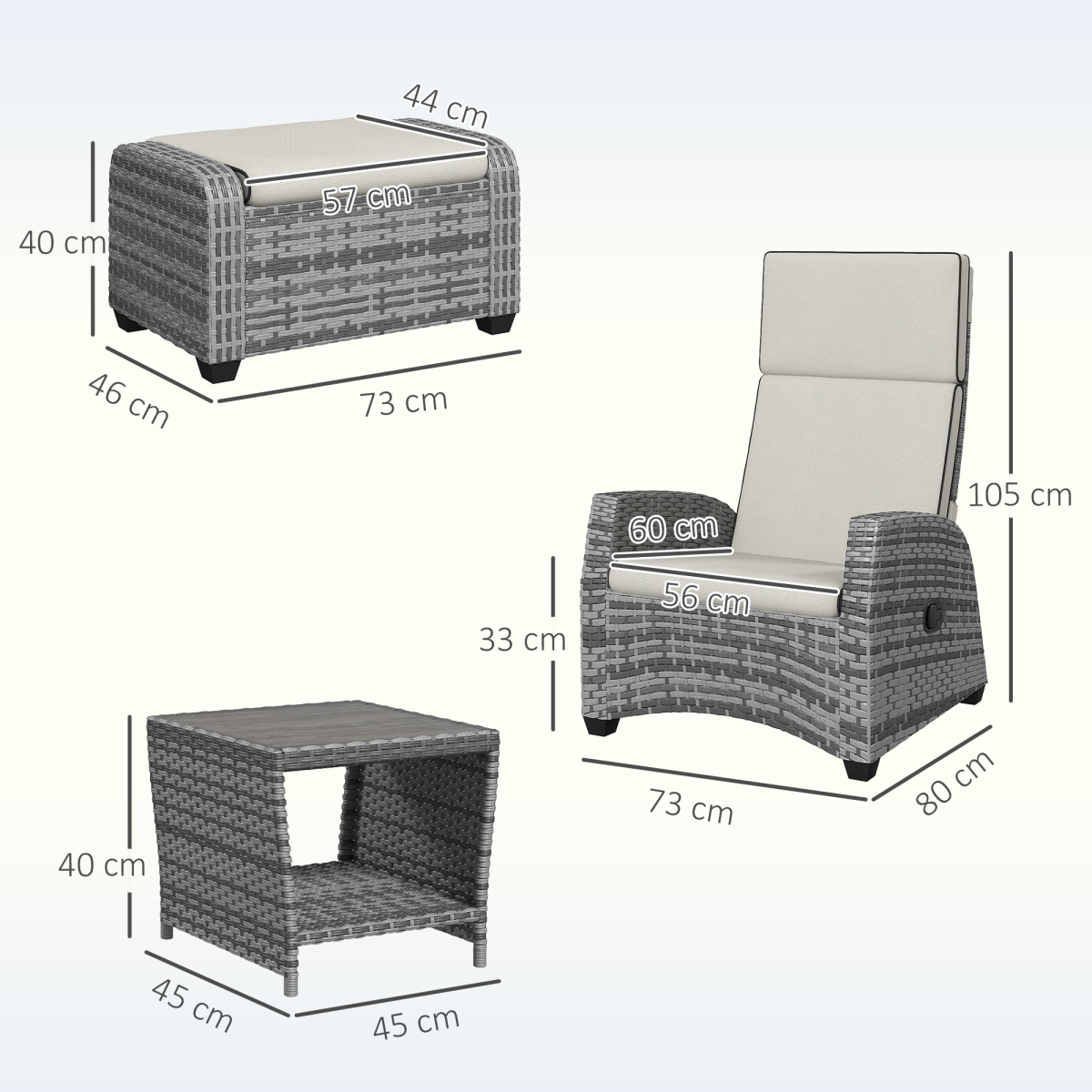 Outsunny 5 PCs Rattan Garden Furniture Set with Reclining Chairs, Grey