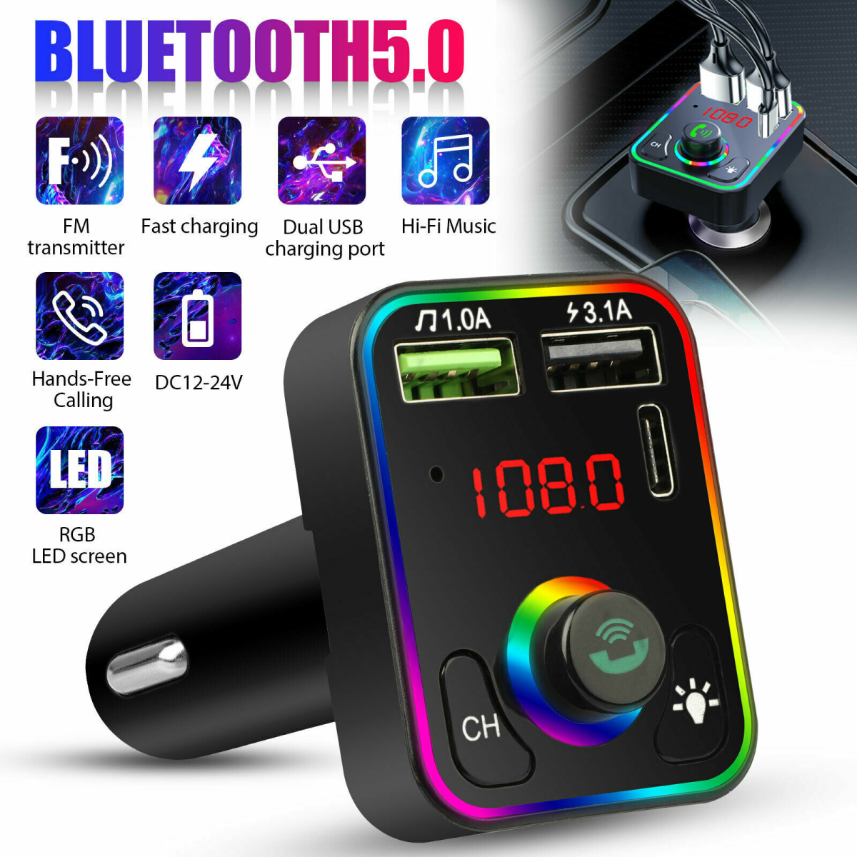 Bluetooth 5.0 Wireless Car FM Transmitter MP3 Player Radio 2 USB Charger Adapter