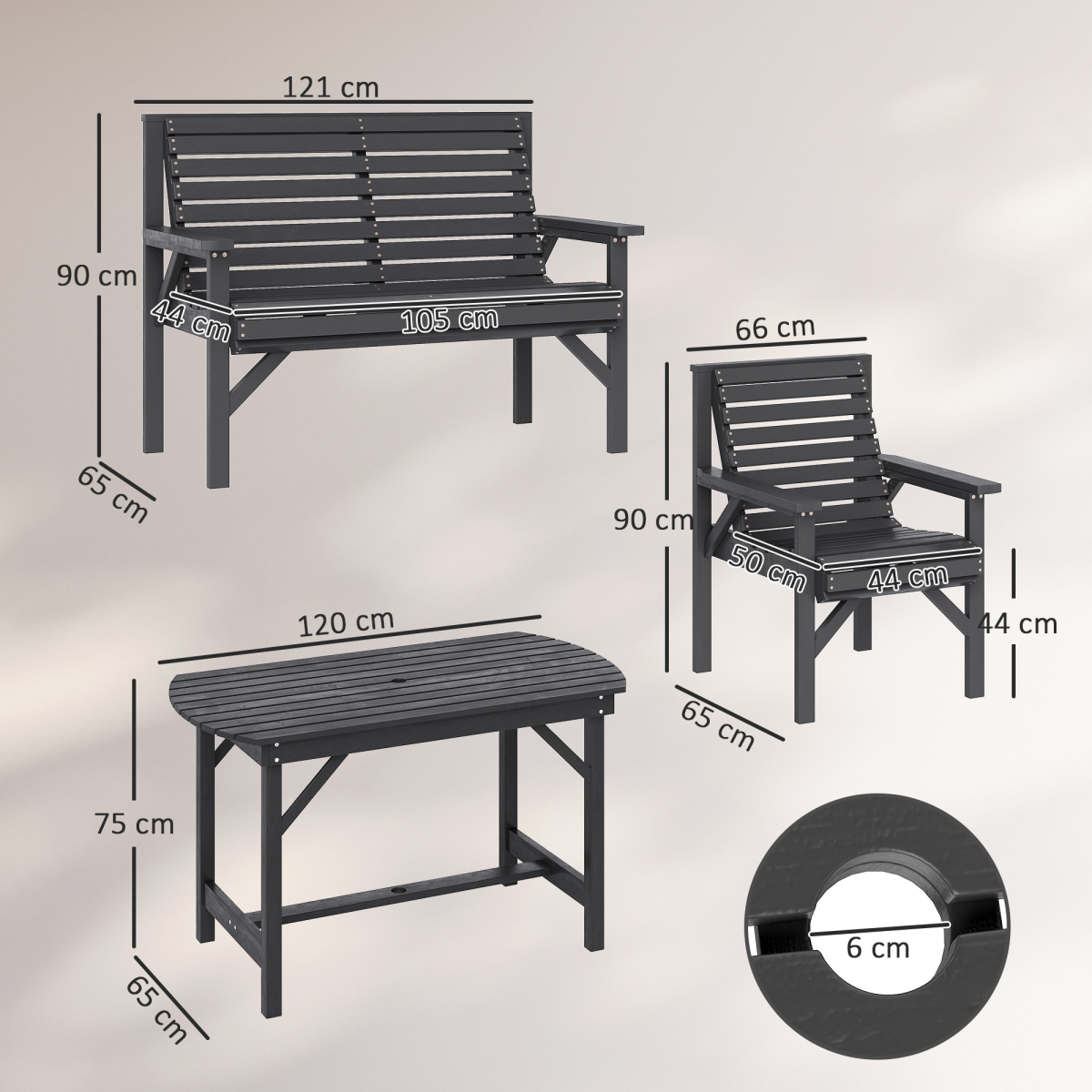 Outsunny 5PC Patio Dining Set Wooden Table and Chairs w/ Umbrella Hole Grey