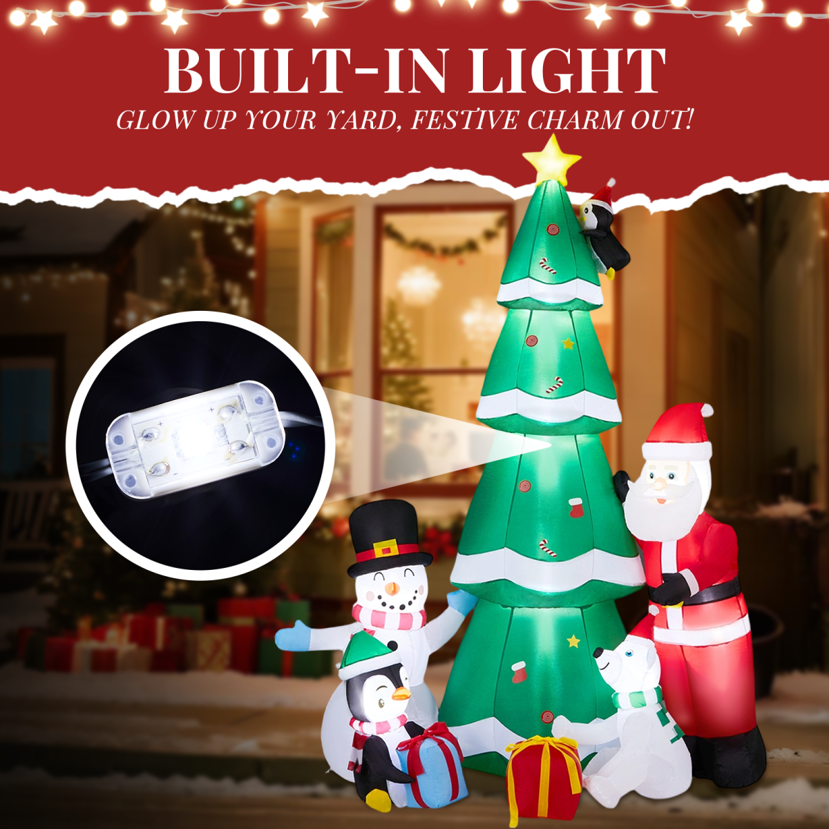 2.25M Lighted Christmas Inflatable Decoration, Inflatable Christmas Tree with Santa and Snowman, Funny Blow Up Yard Decorations with Built-in LED Lights for Holiday Party Front Yard Lawn Garden Decor