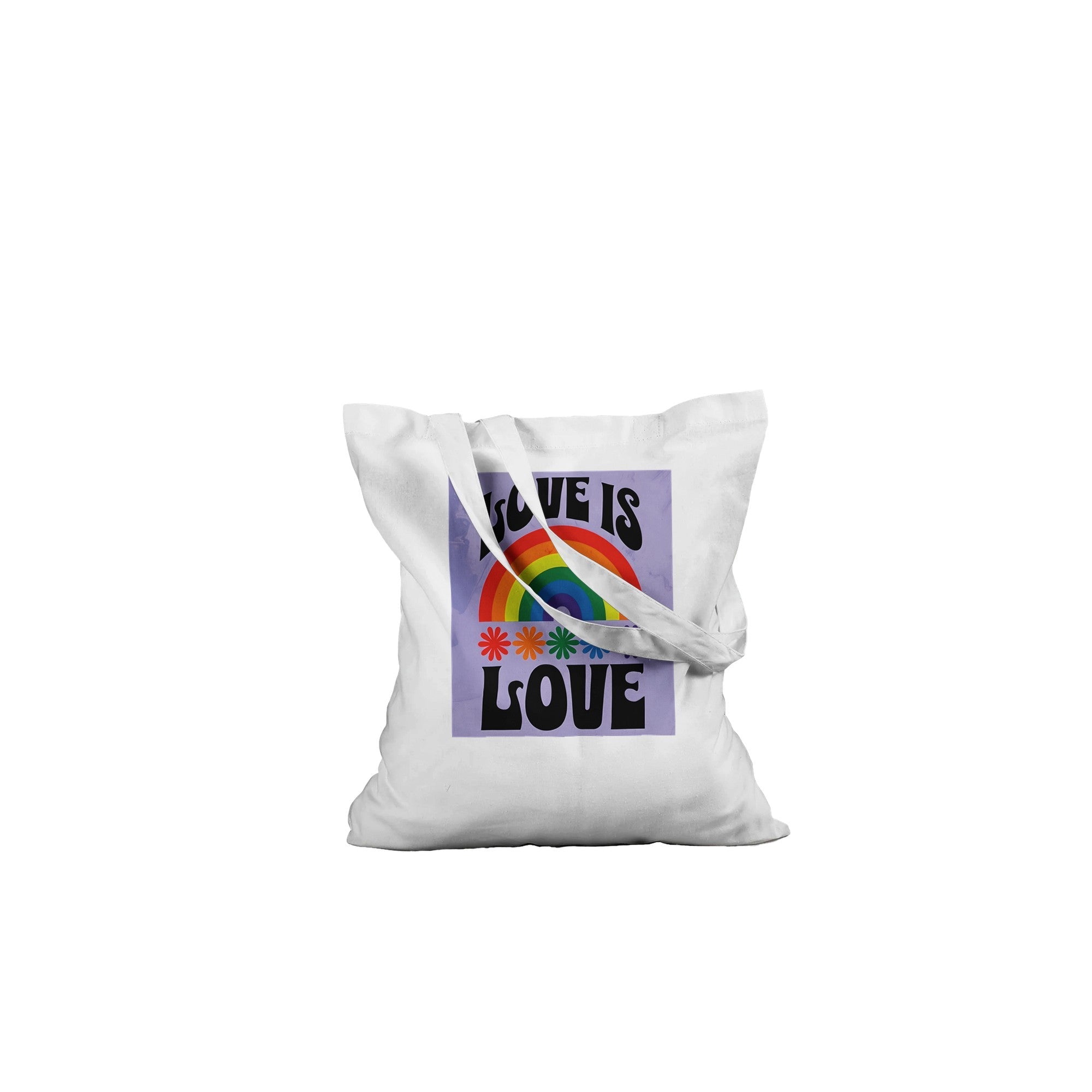 Love Is Love Tote Bag – LGBTQ+ Pride Rainbow Shopper Bag - Eco-Friendly Reusable Cotton Tote with Retro 70s Style Design