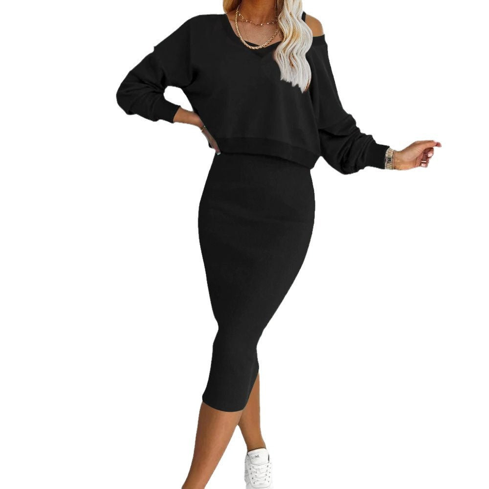 Women's Two Piece Dress Suit Fashion Long-sleeved V-neck Pullover Sweatshirt And Sleeveless Dresses Set