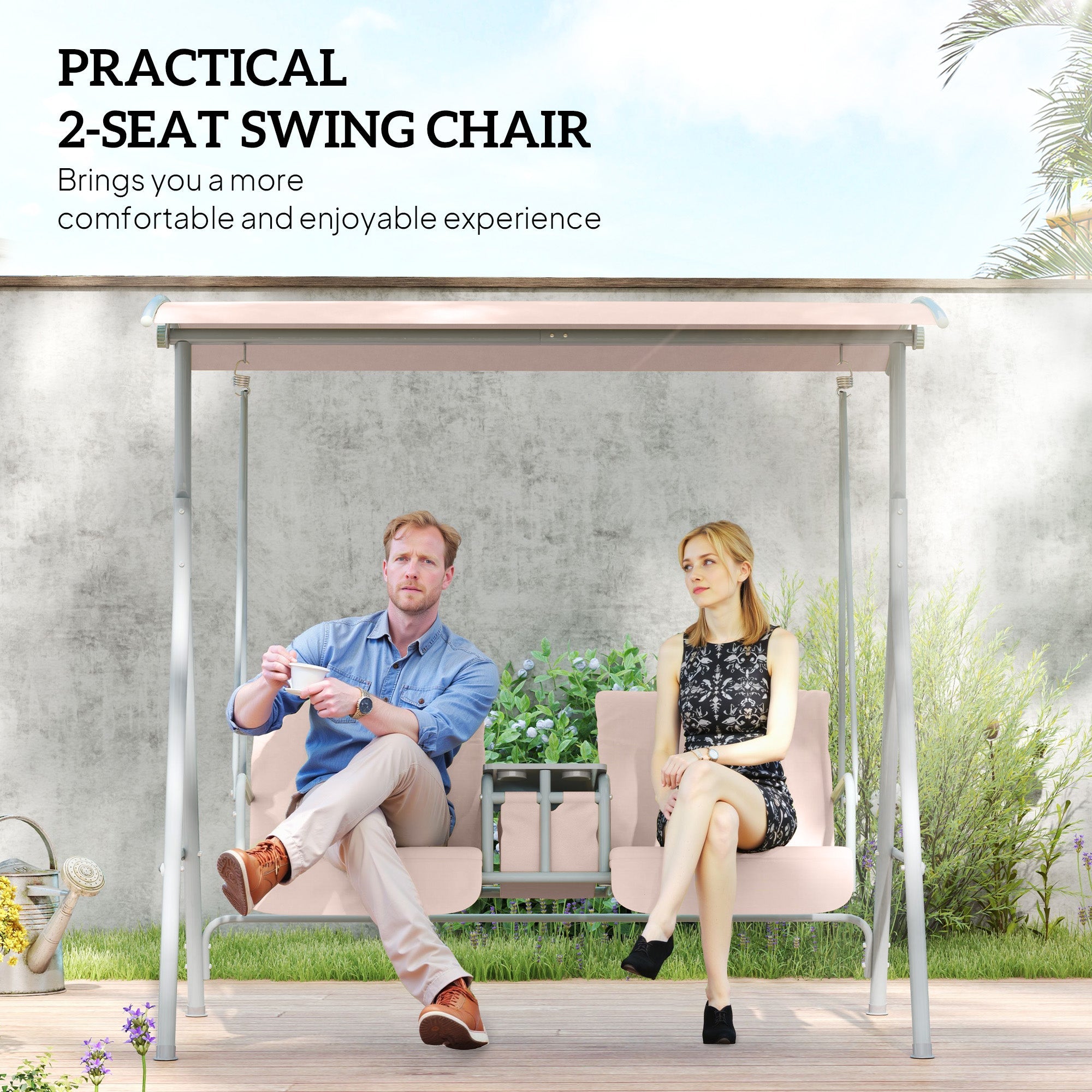 Outsunny 2 Person Covered Patio Swing with Pivot Table & Storage Console Beige