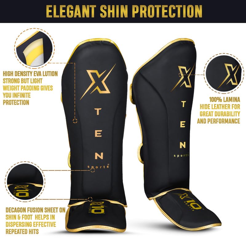 XTEN SPORTS Shin Guards Muay Thai, MMA, Gel Integrated Padding, Training Sparring, Boxing, Kickboxing, BJJ, Taekwondo Protective Gear, Golden, XL