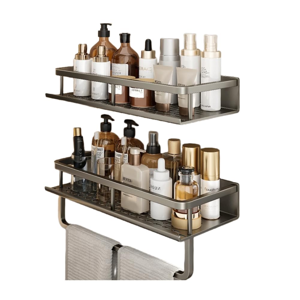 YWHWXB Stainless Steel Shower Caddy Organiser, Shower Shelf No Drilling, Wall Mounted Storage Rack for Bathroom, Bedroom, Living Room, Kitchen (Grey-2