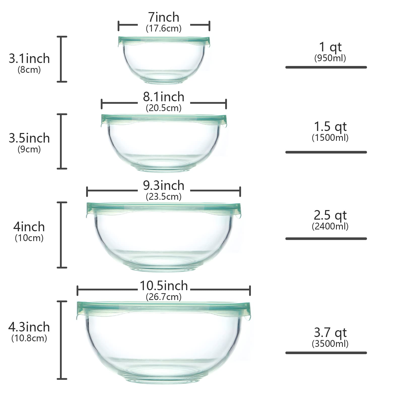 WhiteRhino Glass Mixing Bowl Set, Large Salad Bowl with Lids Kitchen Nesting Bowls for Baking Cooking,Prep, BPA Free Plastic Lids,Food Grade