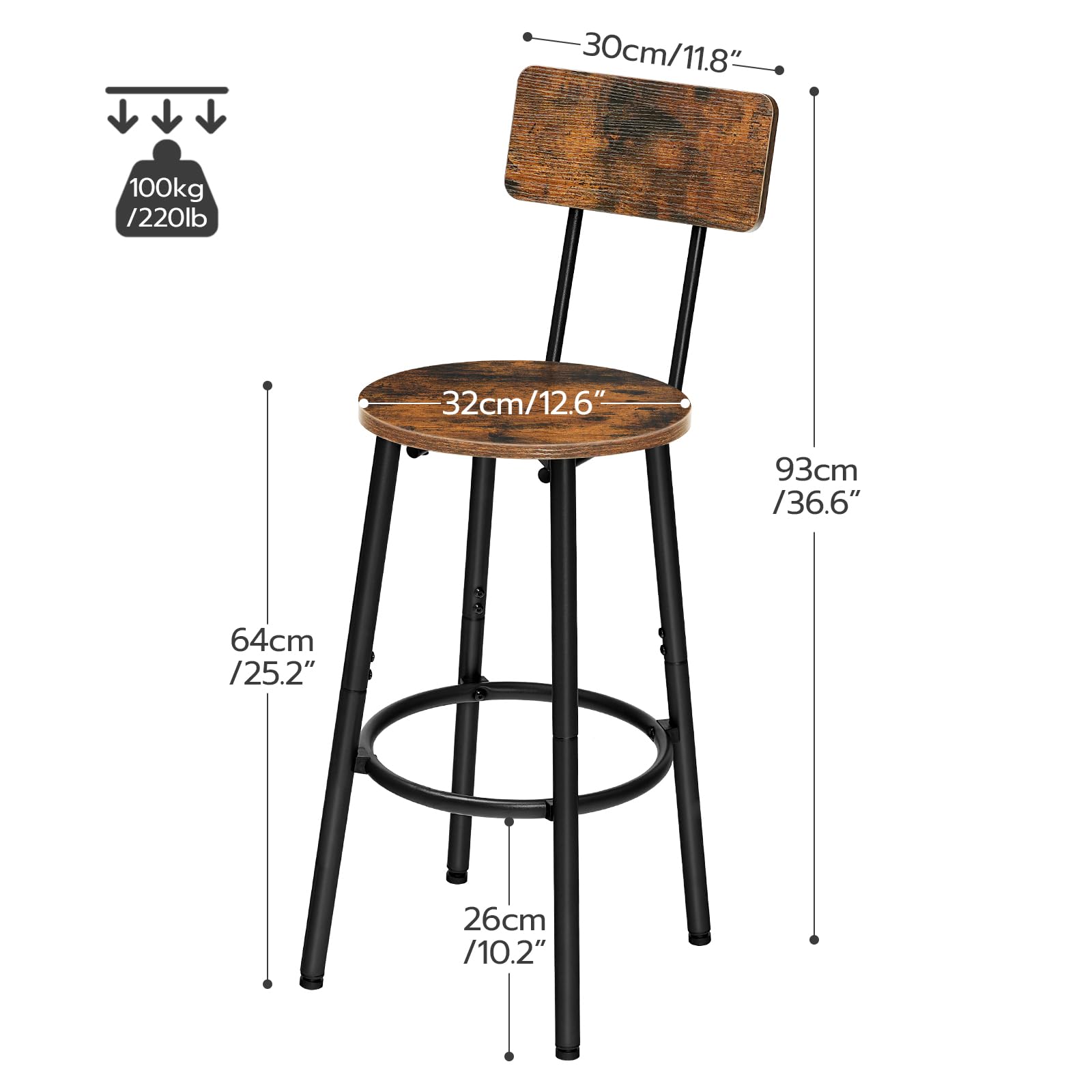 HOOBRO Bar Stools Set of 2, Breakfast Bar Stools, Kitchen Stools with Backs and Footrest, High Bar Chairs for Dining Room, Party, Rustic Brown