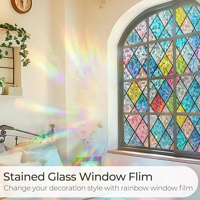 Beautysaid Rainbow Privacy Window Film: Stained Glass, No-Glue Frosted Window Film, Static Cling Film (Multicolor, 90x300cm