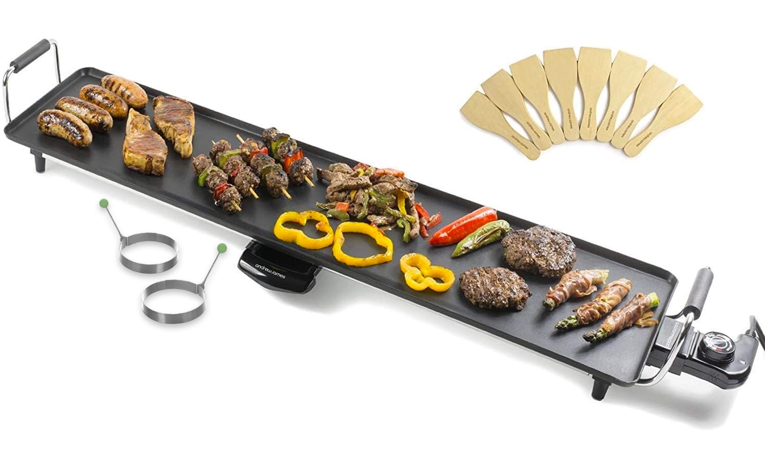 Andrew James Teppanyaki Electric Grill Plate & 2 Egg Rings | XXL Non-Stick Tabletop Griddle with 88cm x 23cm Hot Plate & Adjustable Temperature |