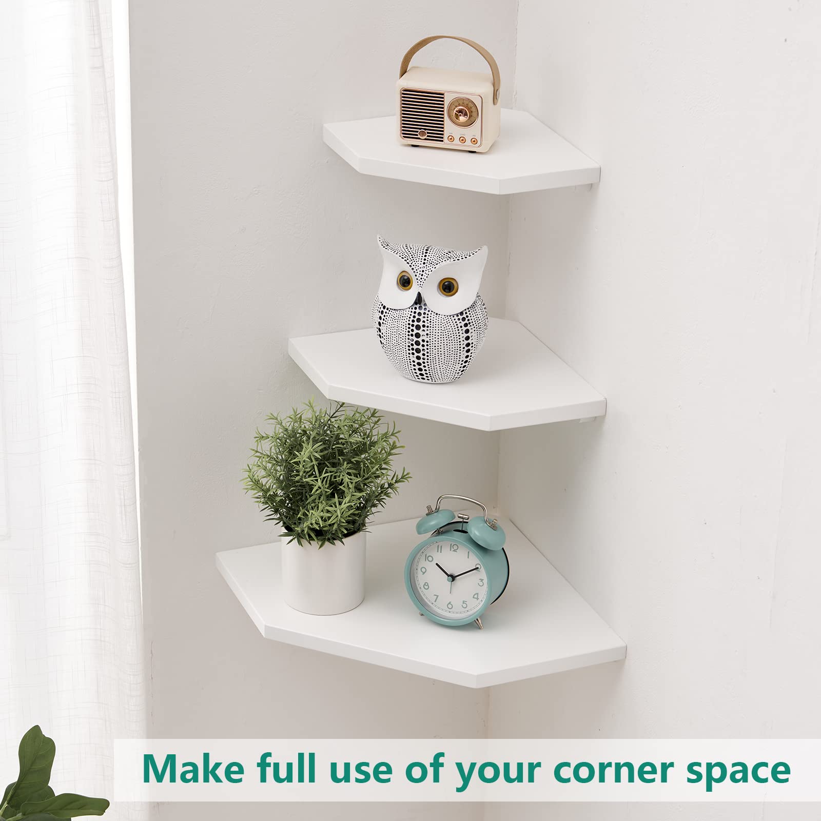 GIEANOO White Corner Shelf Wall Mount, Natural Oak Wood Floating Corner Wall Shelf Round End Shelving Solution Floating Speaker Small Corner Plant