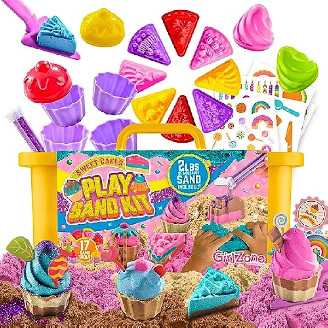 GirlZone Sweet Cakes Play Sand Kit, Play Sand for Kids Sand Pit Kit with 2lbs Mouldable Coloured Sand & 17 Sand Tools, Sand Toys for Toddlers Age 3-5