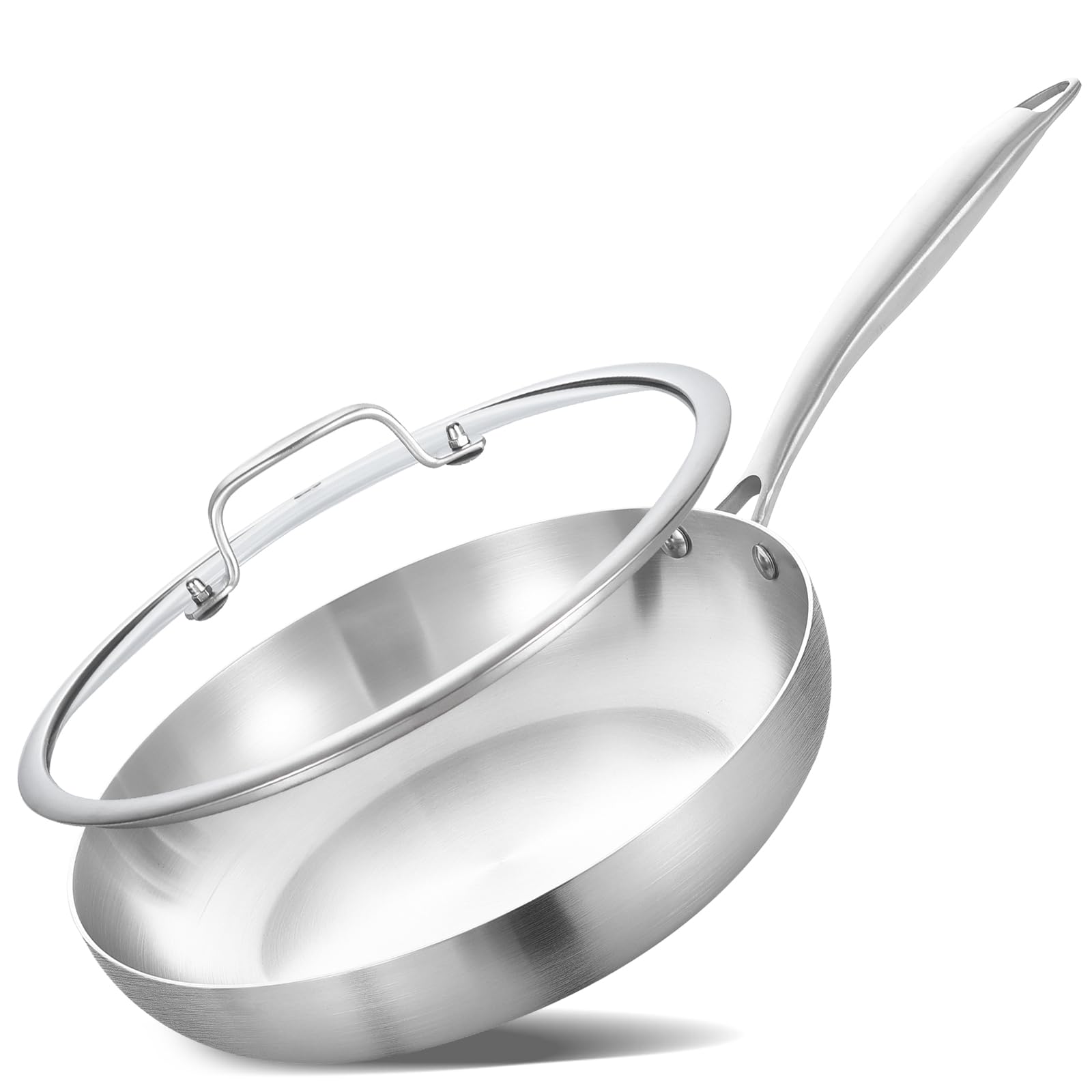 Inqibee 22 CM Tri-Ply Stainless Steel Frying Pan with Lid,Skillet,Induction Cooking Pan,Dishwasher and Oven Safe