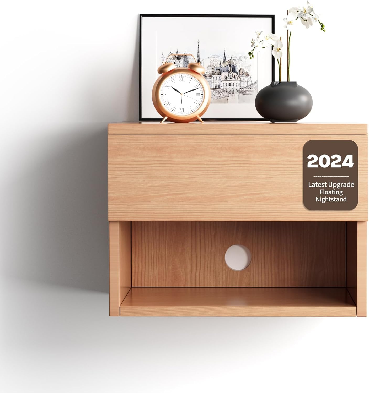 Kiseely Floating Nightstand, Modern Wall Mounted Bedside Table with Drawer, Wood Bedside Shelf & Desk, End Table Wood Modern Night Stand for Bedroom
