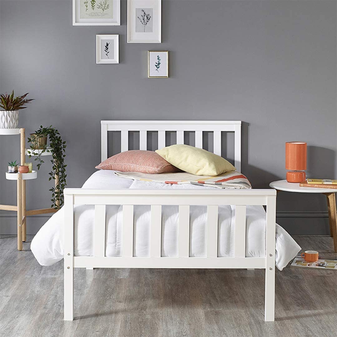 Aspire Beds Atlantic Solid Wood Shaker Bed Bed Frame, White With White Wood Highlights, Single Bed (90 x 190 cm)