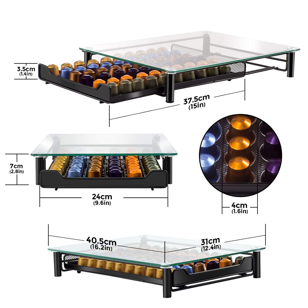 MASTERTOP Coffee Pod Holder - Gorgeous Coffee Pod Storage Drawer Holder for 60 Capsules, Functional Coffee Storage Drawer Holder, Tempered Glass, 1