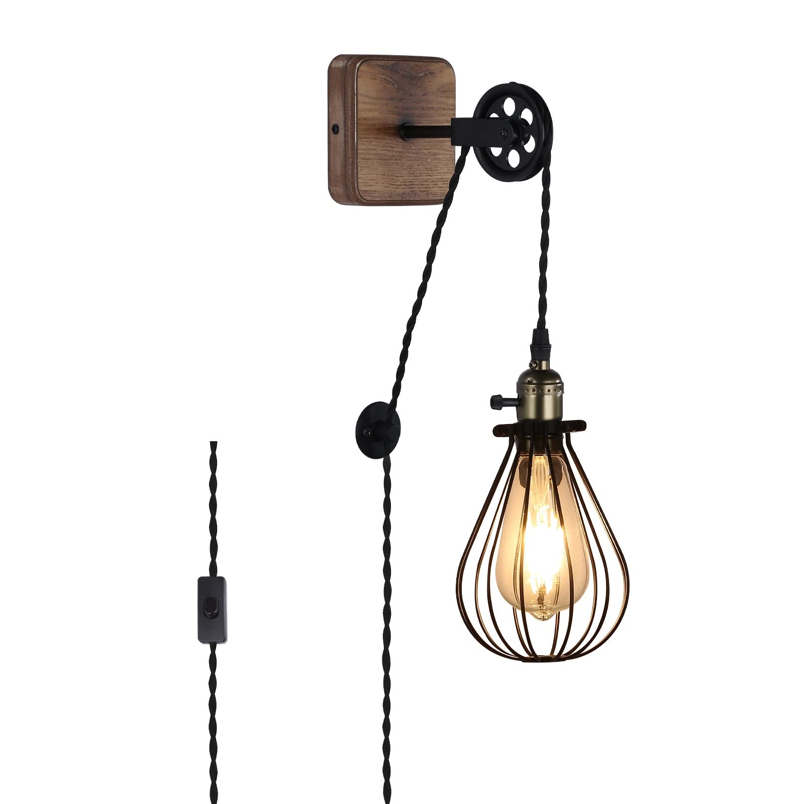 SUNLLOK Modern Industrial Rustic Plug in Cage Wall Lamp - Vintage Lift Pipe Pulley Wall Light with Switch - Retro Pendant Lamp Adjustable Wall Sconce