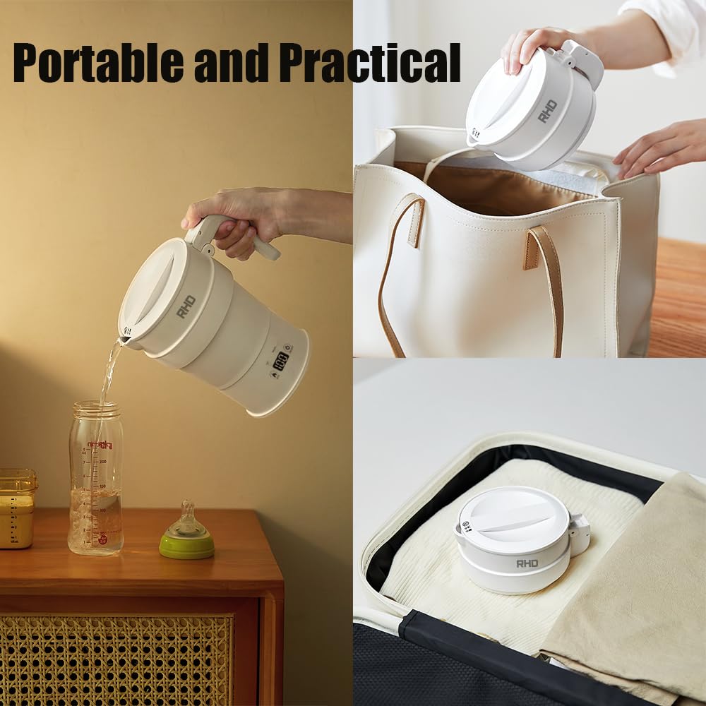 RHD 0.7L Foldable Electric Kettle, Portable Camping Kettle with with Real-time Temp Display,Collapsible Travel Kettle,Silicone Boiling Kettle