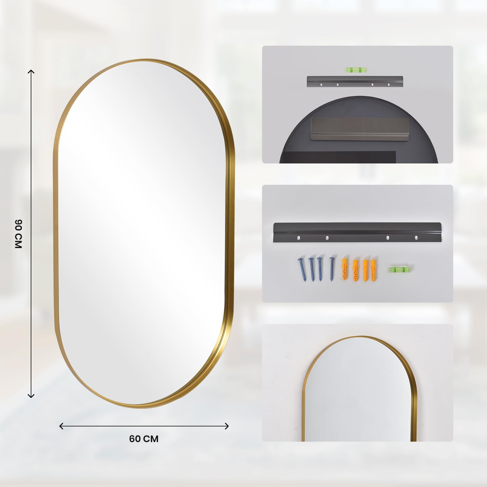 LunaMirror Wall Mirror Oval 60x90 CM Wall-Mounted Bathroom Vanity Mirror Stylish Gold Mirror Wall Decor Rectangle Wall Hanging Mirror with Curved
