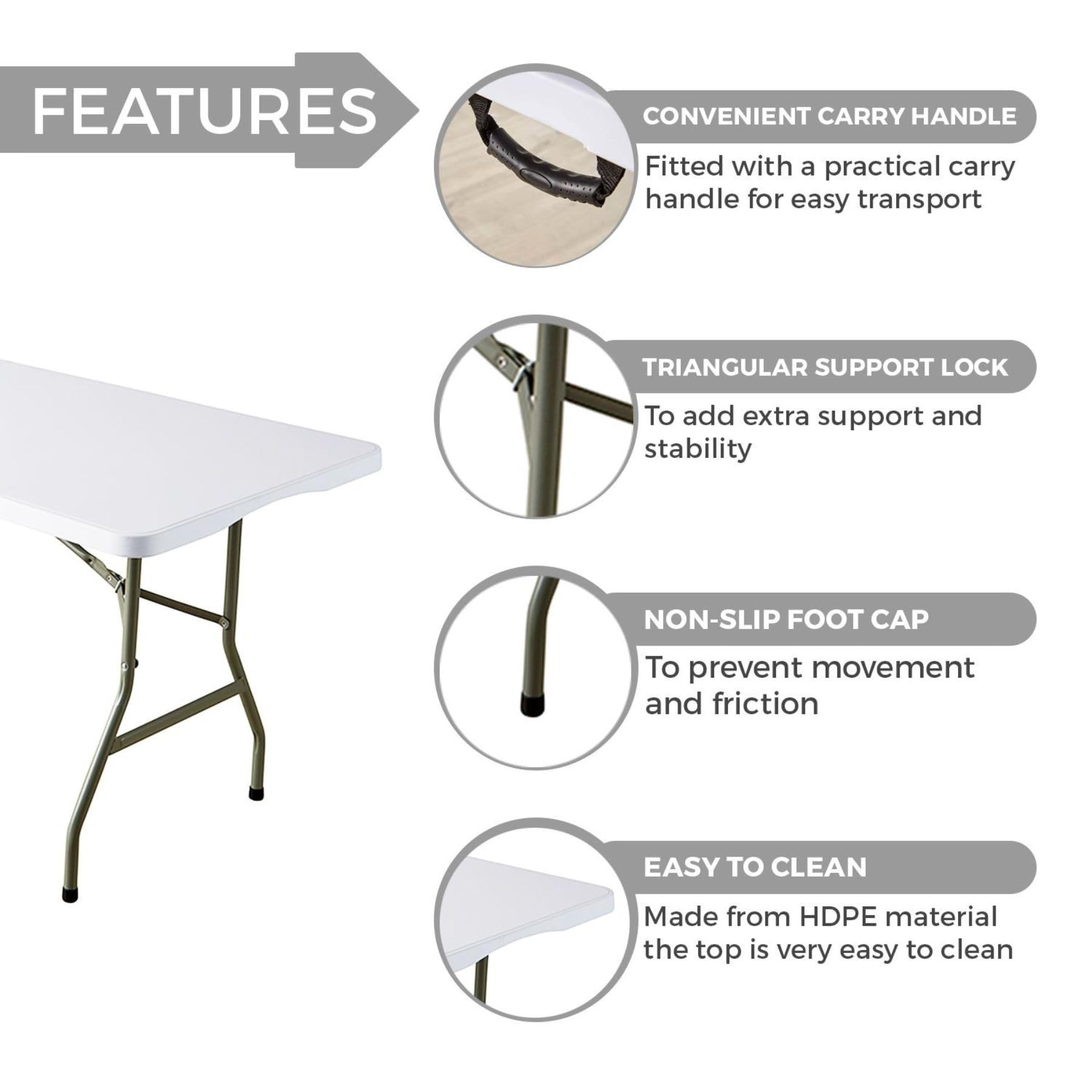 Home Source 6ft Folding Trestle White with Carry Handle Heavy Duty Table for Camping Catering BBQ Picnic Party