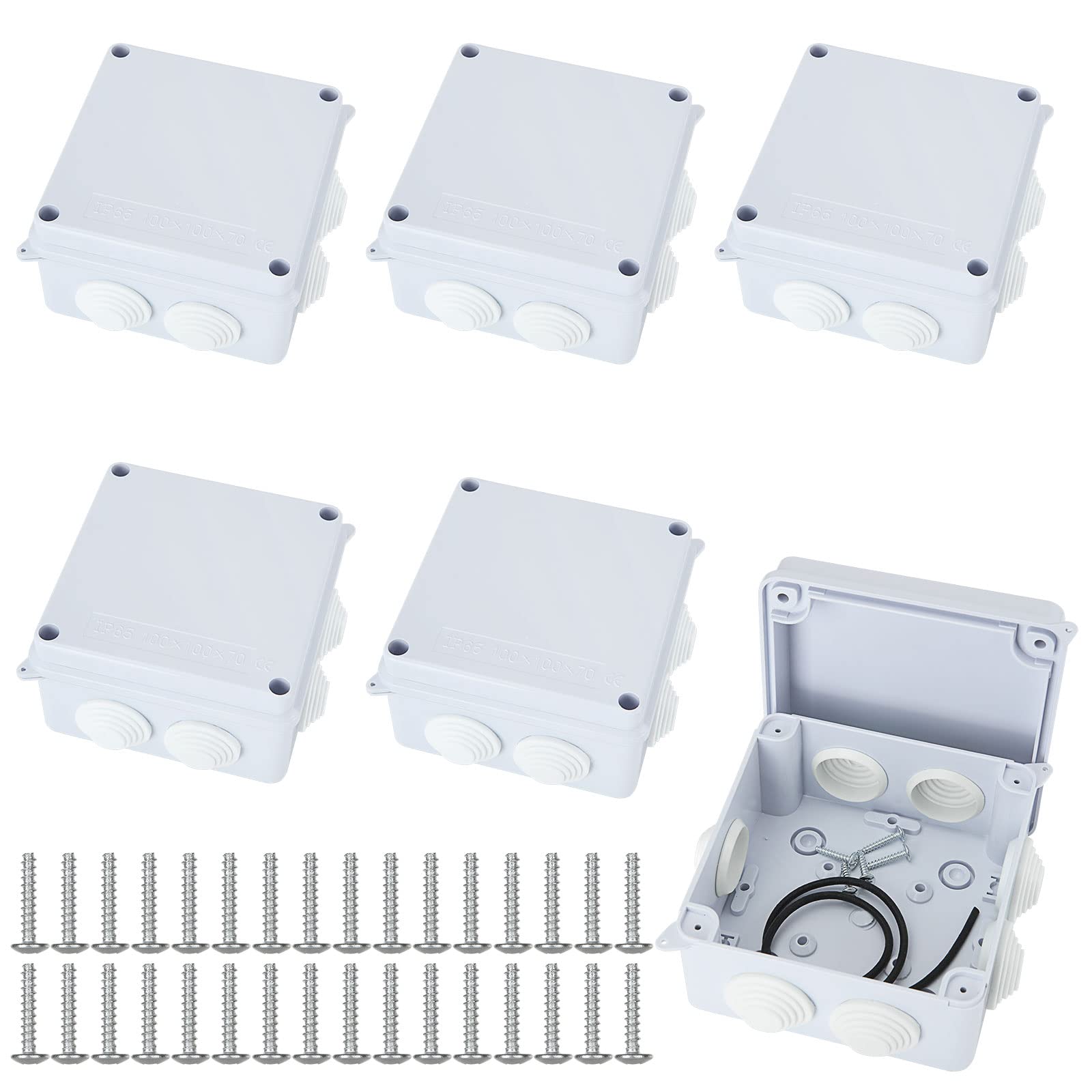 GOYADA 6PCS Junction Box Waterproof IP65, 100x100x70mm Outdoor Electrical Junction Boxes with Screws, White Electrical Wiring Junction Box For CCTV