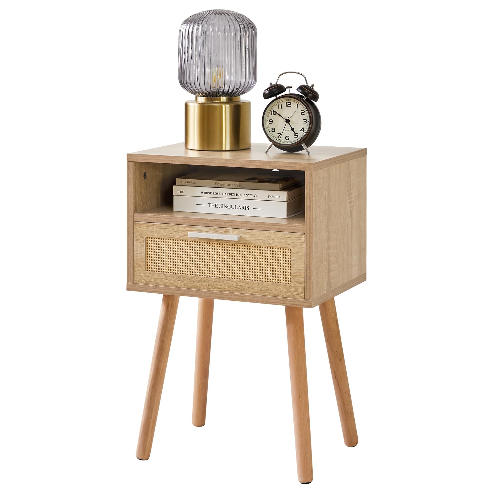 IBUYKE Rattan Nightstand, Boho Side Table with Drawer Open Shelf, Wood Accent Bedside Table, End Table with Legs for Bedroom, Living Room and Small