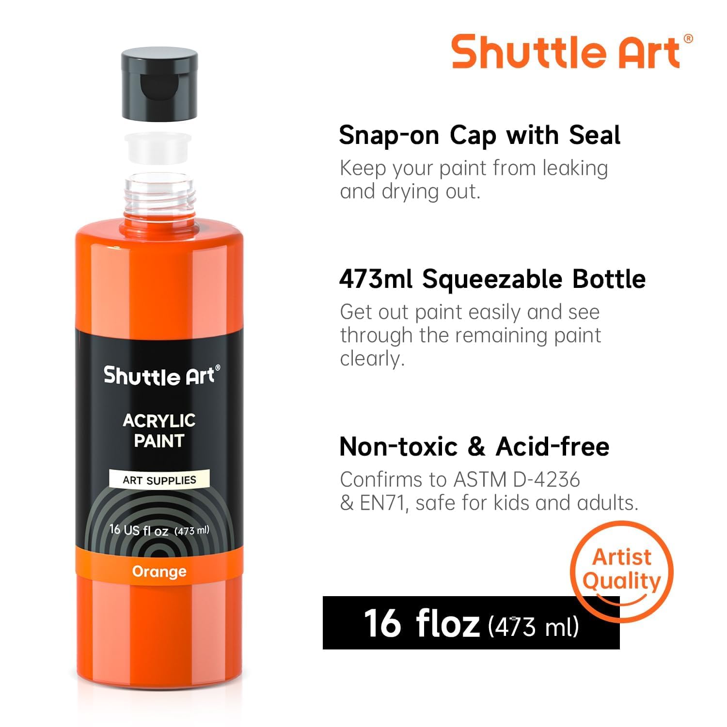 Shuttle Art Acrylic Paint Set, 15 Pack Acrylic Paint Large Bottle Set, 473ml/16oz Each, 14 Colours and 1 Extra White Acrylic Paint, Art Paint for
