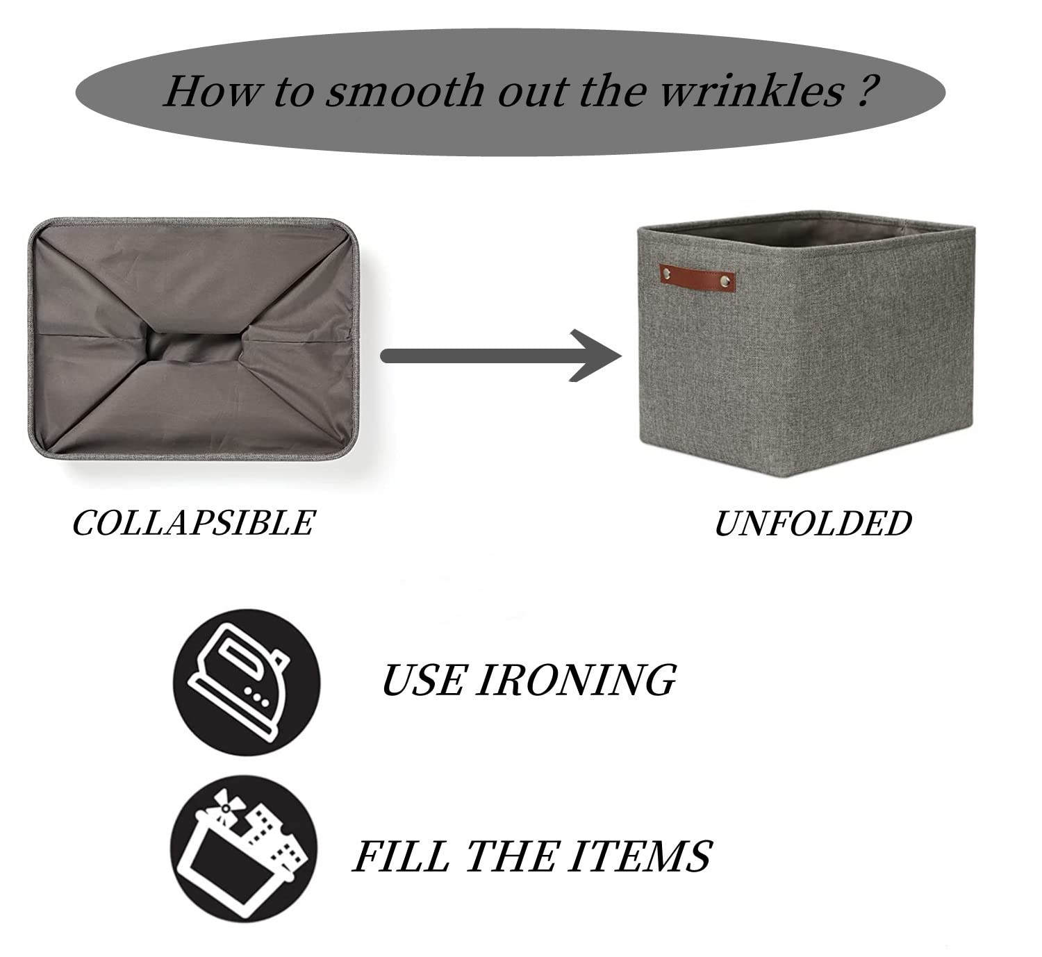 Mangata Collapsible Storage Cube Boxes, Linen Woven Fabric Storage Baskets, Cube Closet Organizer with Leather Handles (Grey)