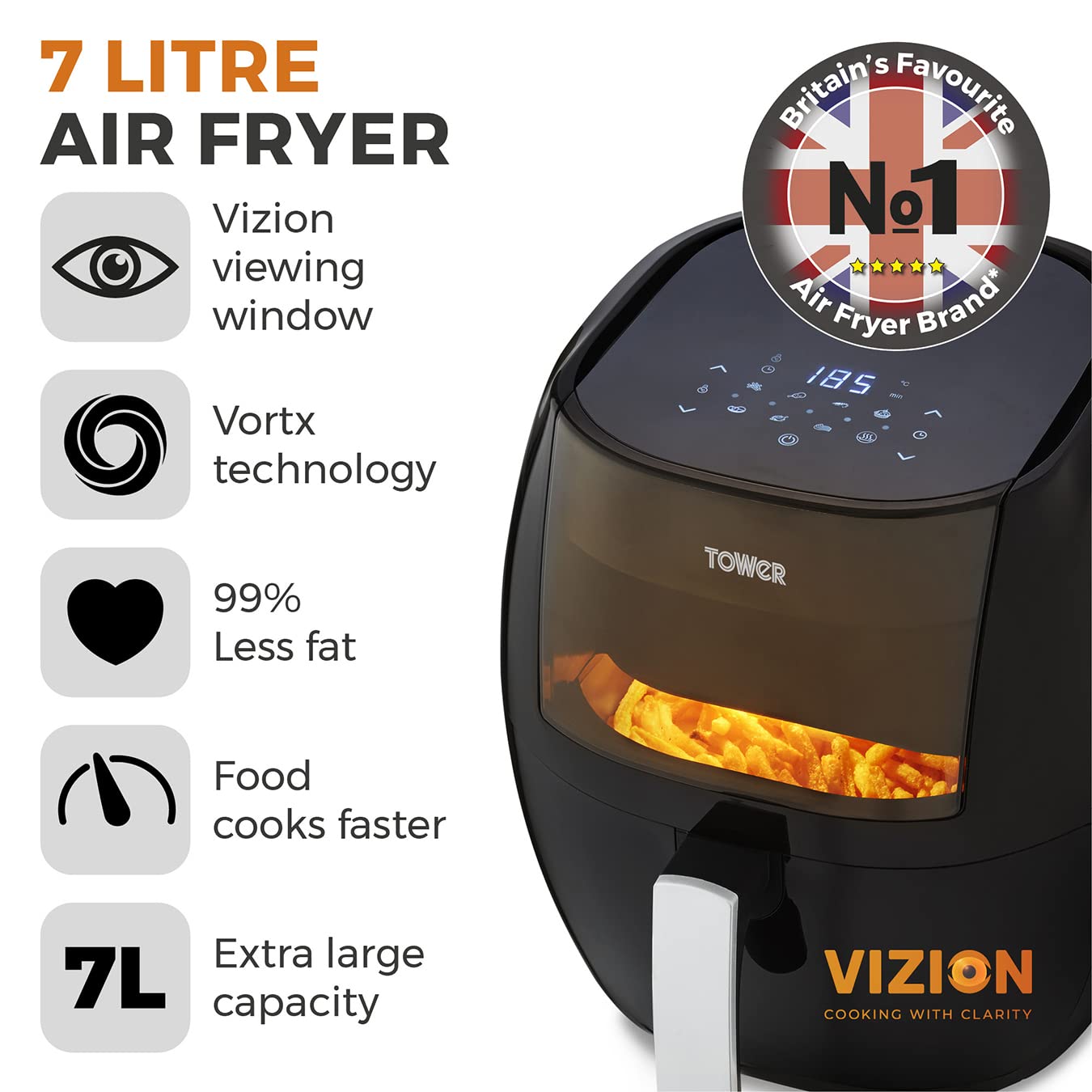 Tower T17072 Vortx Vizion Digital Air Fryer with Rapid Air Circulation, 7L, 1800W, Black