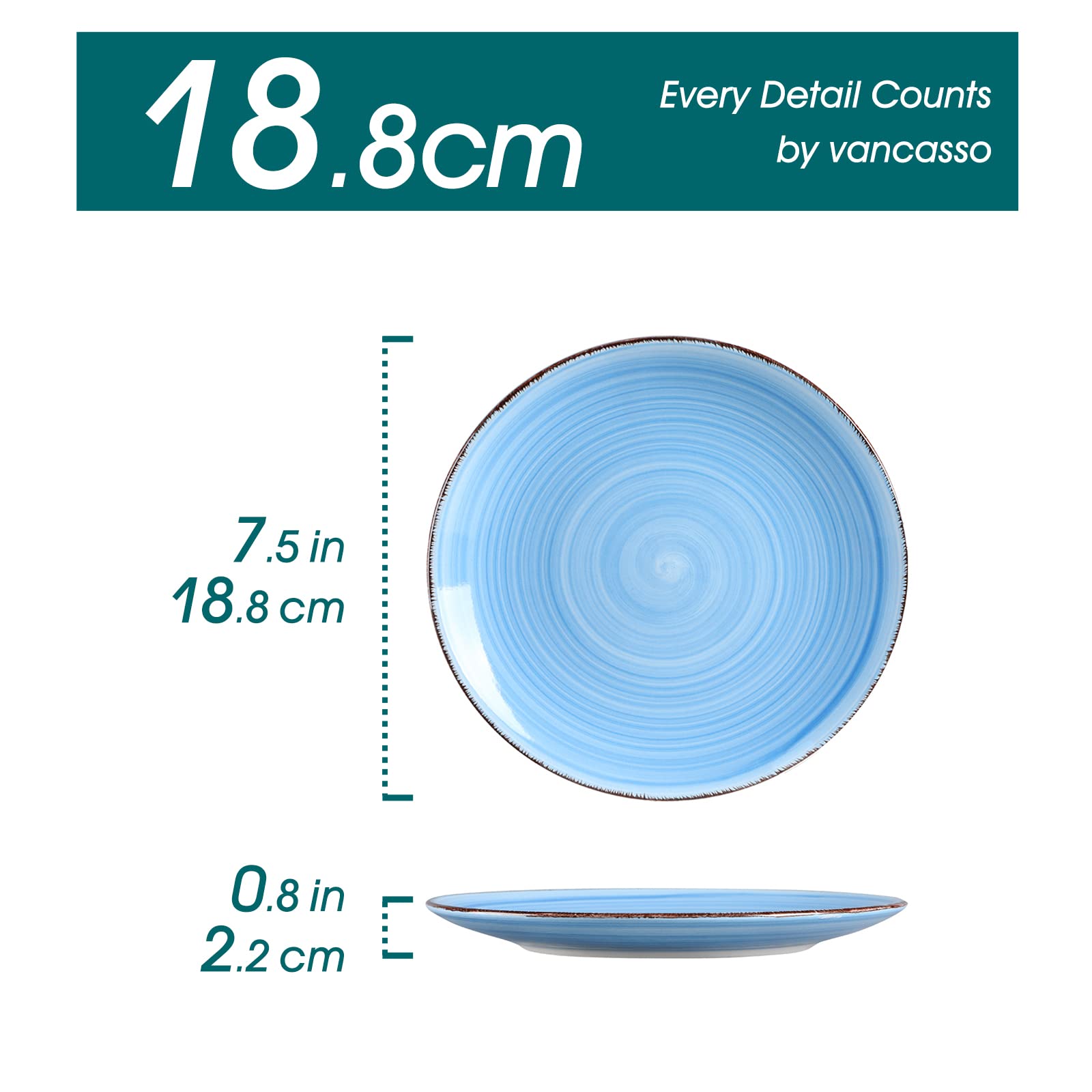 vancasso Bonita Blue Dessert Plate Set of 6, Handpainted Side Plate in Rustic Look Tableware, 7.5 inch Side/Salad/Fruit/Snack Plate(18.8 * 18.8 *