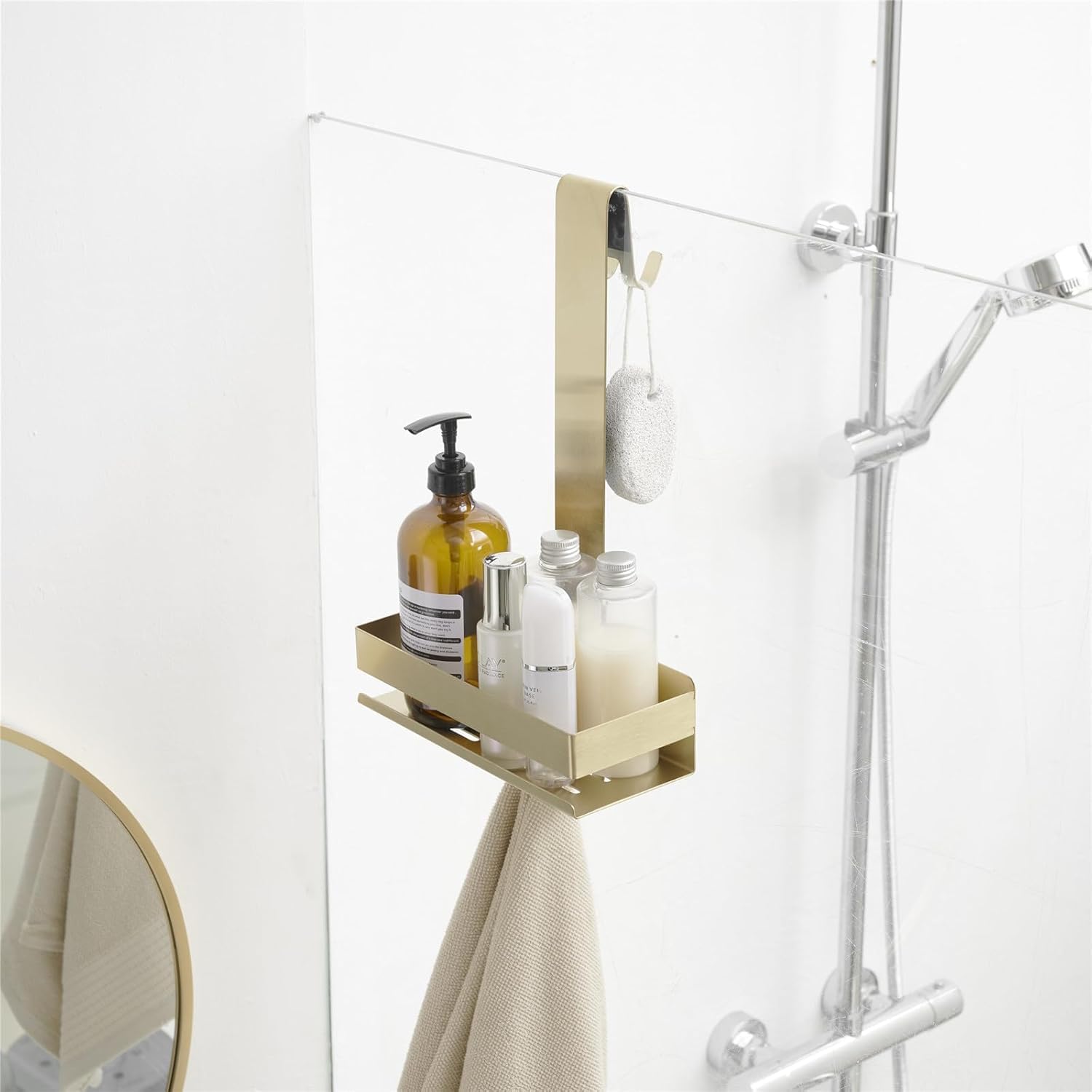 Gudetap Shower Caddy Hanging rush Gold Stainless Steel Shower Shelf for Hanging Glass Shower Enclosure, Shampoo Holder for Glass Door with Hook