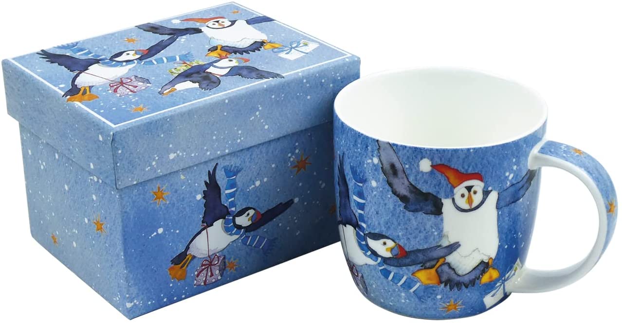 Bone porcelain cup with Christmas puffins and gift box