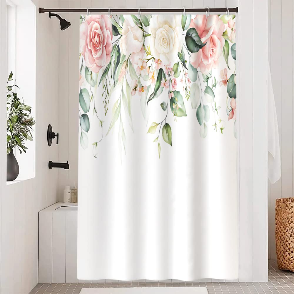 Uiiooazy Eucalyptus Shower Curtain, Sage Green Leaves Pink White Floral Motif Bath Curtain Mildew and Mould Resistant Waterproof Polyester Fabric