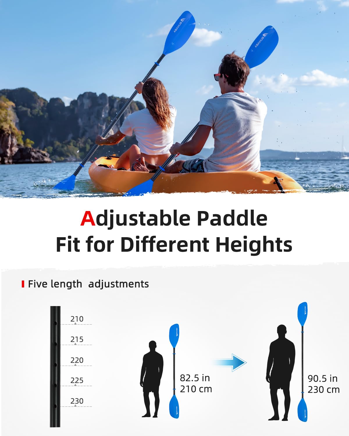Abahub Adjustable Kayak Paddle 210-230 cm/82-90 Inches Floating Kayaking Oars Boating Oars Canoeing Oars Blue