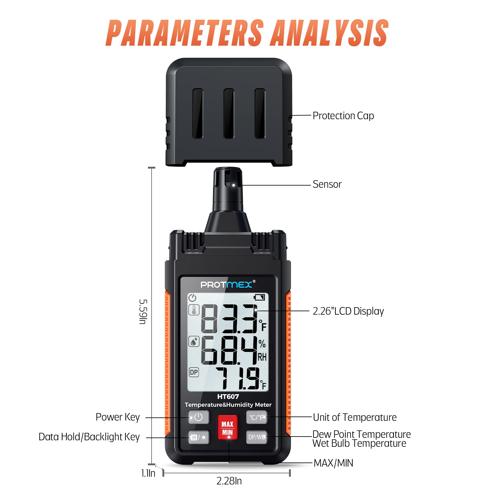 Protmex HT607 Temperature Humidity Meter High Precision Digital Hygrometer with Ambient, Relative Humidity, Dew Point, Wet Bulb Thermometer, Min/Max