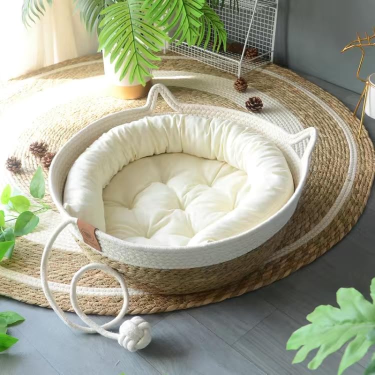 Rukuapid Rattan Cat Basket Bed with Cotton Cushion and Pillow, Wicker Kitten Basket with Toy Ball, Round Cat Beds for Indoor Cats Woven Cat Sleeping