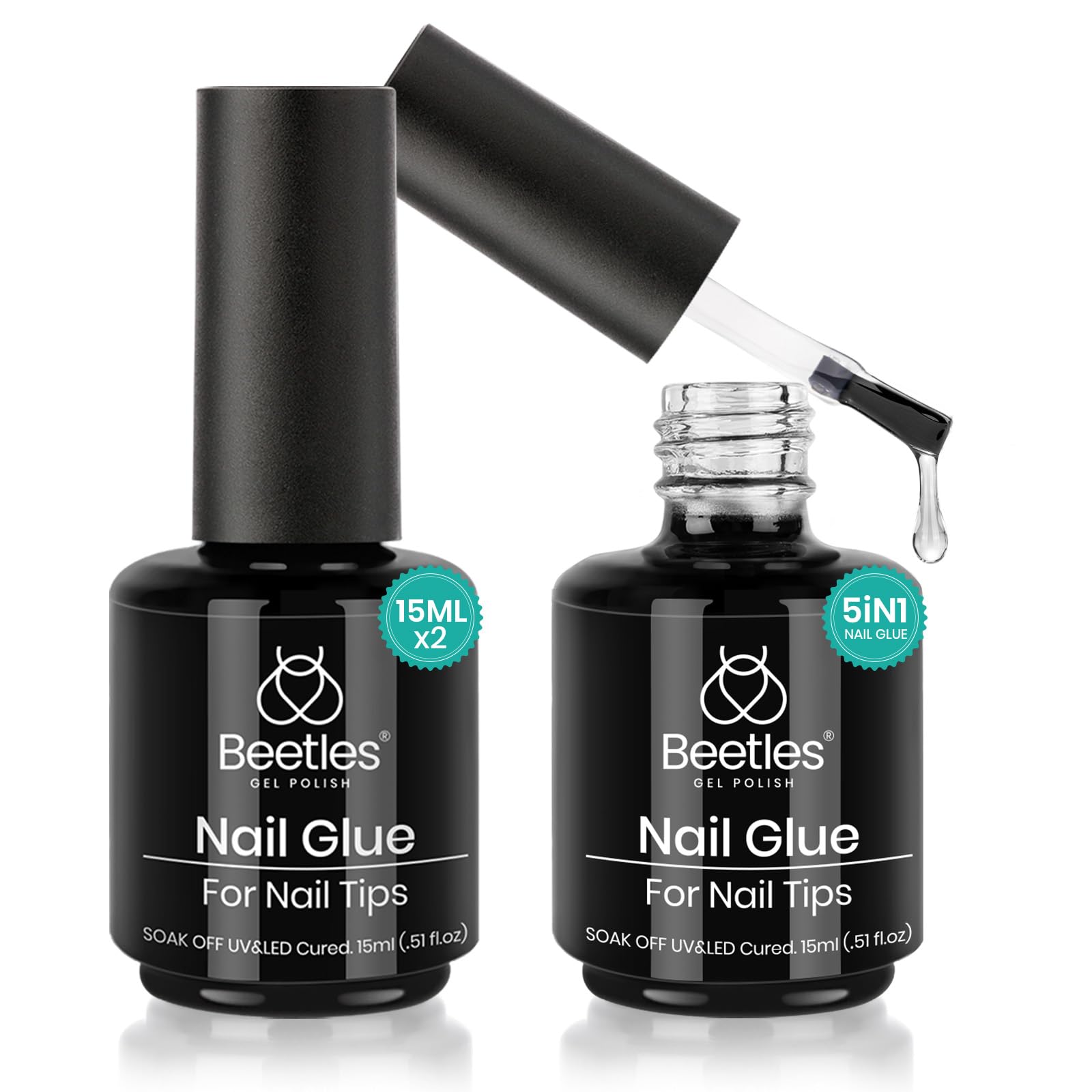 beetles Gel Polish 5 In 1 Nail Glue Kit for Acrylic Nails,2 Pcs 15ml Super Strong Brush in Nail Gel Glue for False Nails Tips and Gel Nail Polish Led