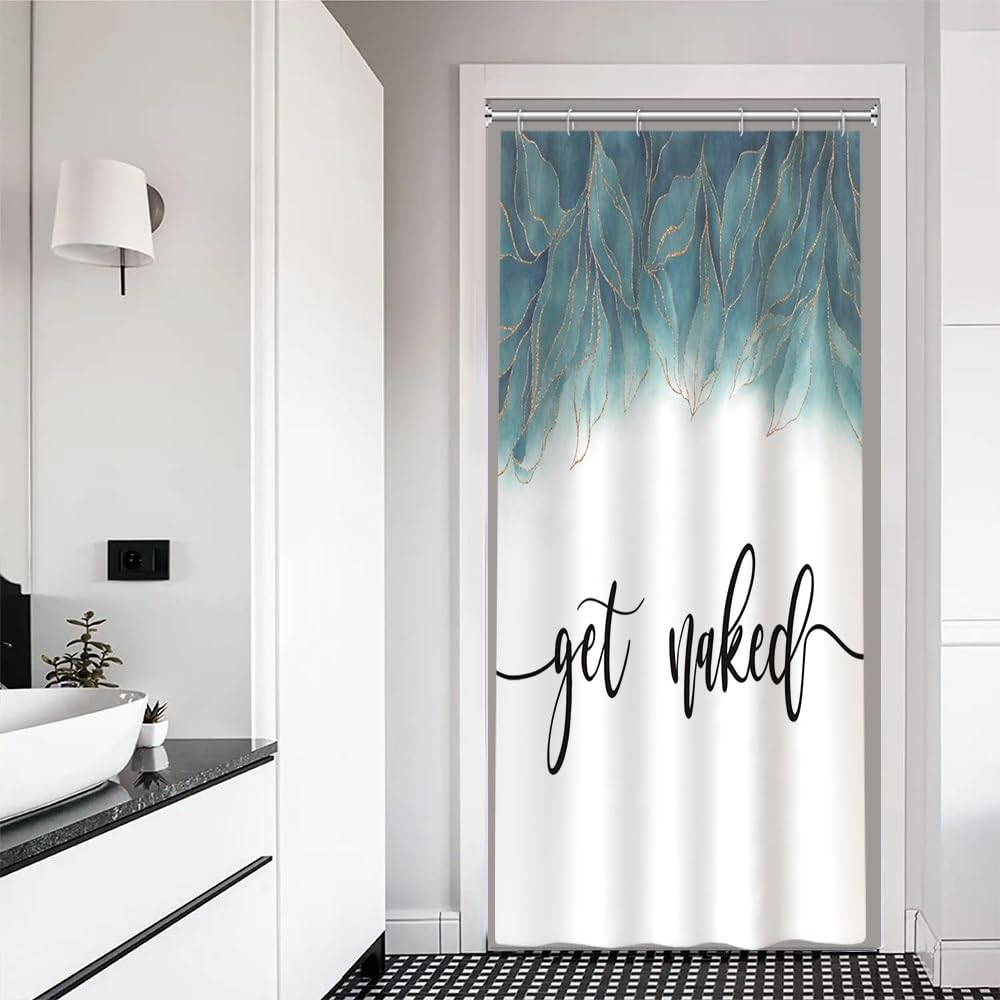 Xiaoterna Get Naked Shower Curtain Elegant Blue Gold Flora Leaves Waterproof Bathroom Curtain Modern Minimalism Gradient White Polyester Fabric Mildew