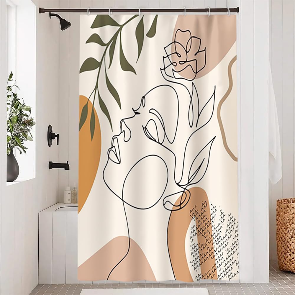 Uiiooazy Abstract Shower Curtain, Boho Women Mid Century Green Leaves Modern Minimalist Bath Curtain Anti Mildew Waterproof Polyester Fabric Opaque