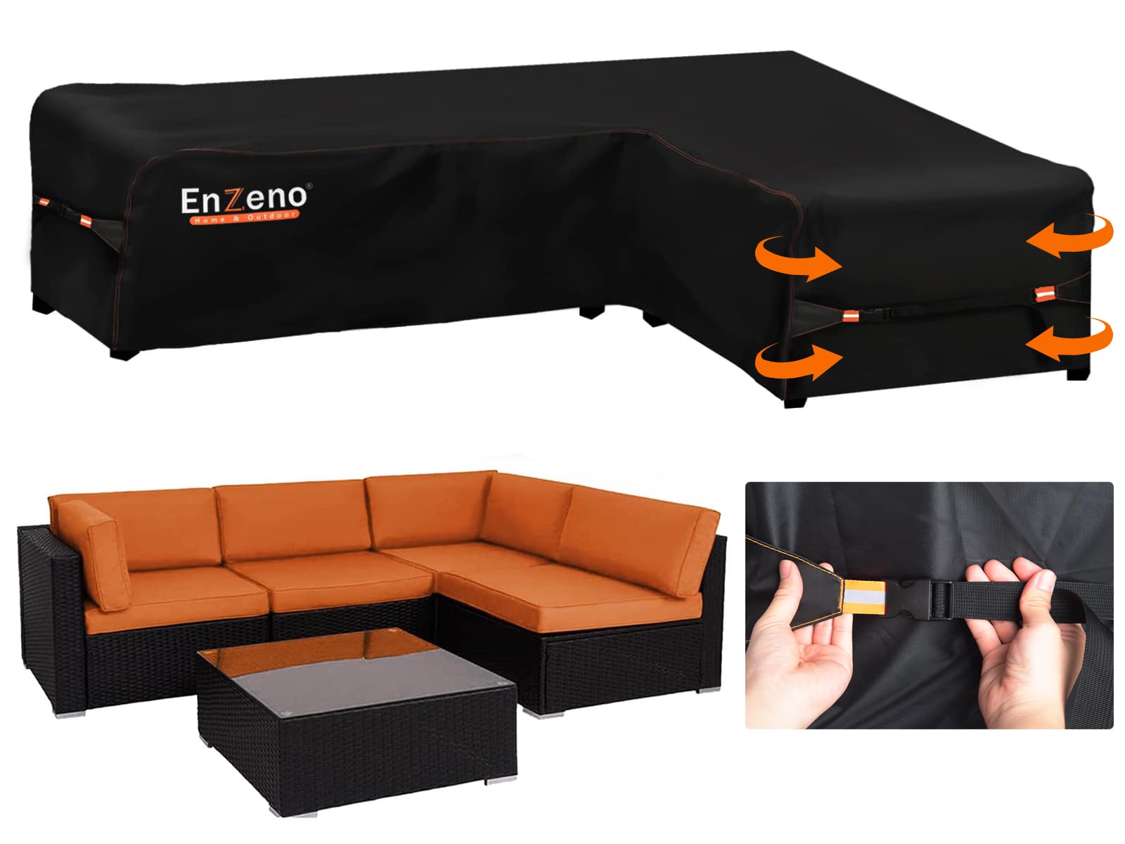 Enzeno Garden L-Shape Furniture Cover Waterproof, 420D Heavy Duty Oxford Fabric Outdoor Rattan Corner Sofa Cover with Waterproof Tape (286 * 222 *