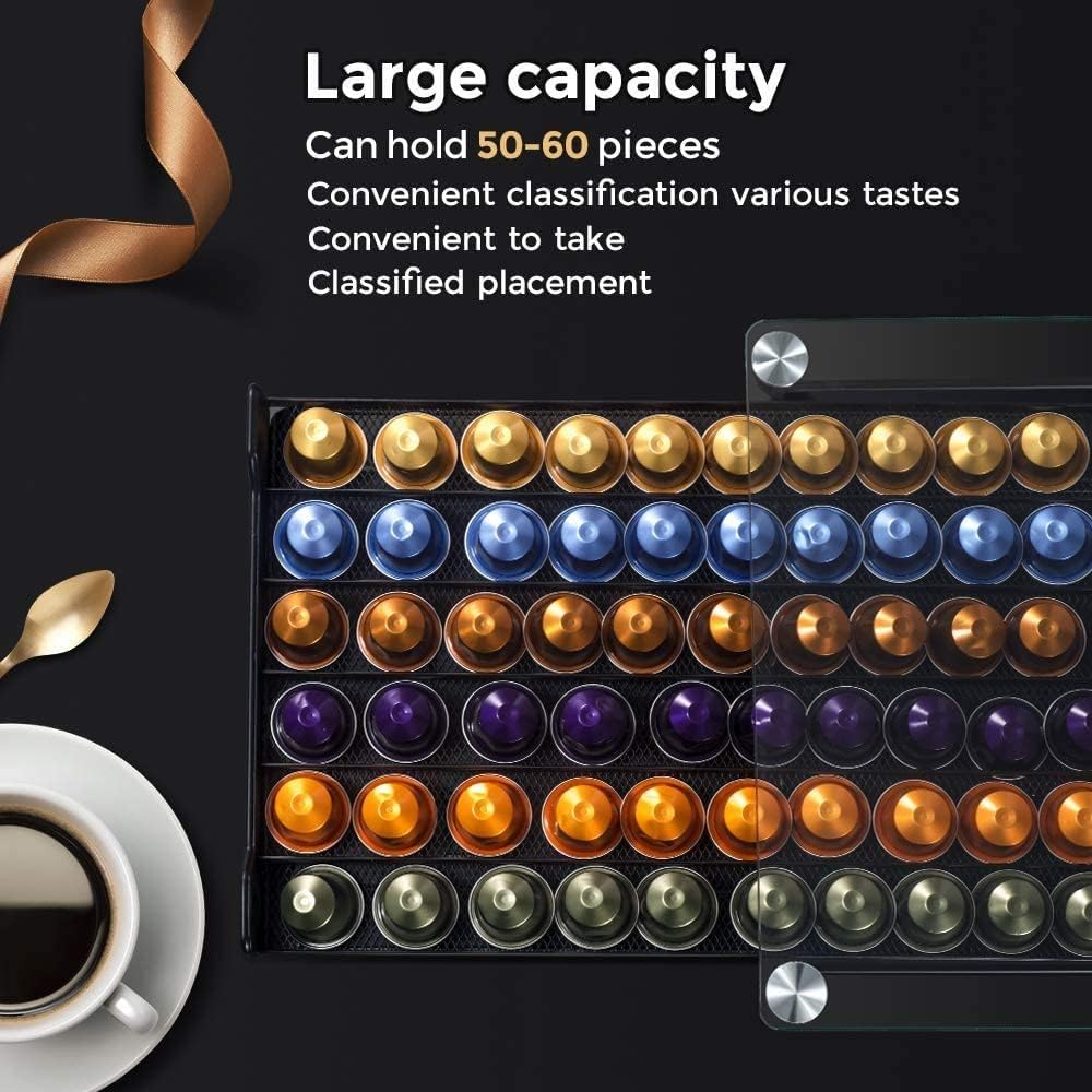 MASTERTOP Coffee Pod Holder - Gorgeous Coffee Pod Storage Drawer Holder for 60 Capsules, Functional Coffee Storage Drawer Holder, Tempered Glass, 1