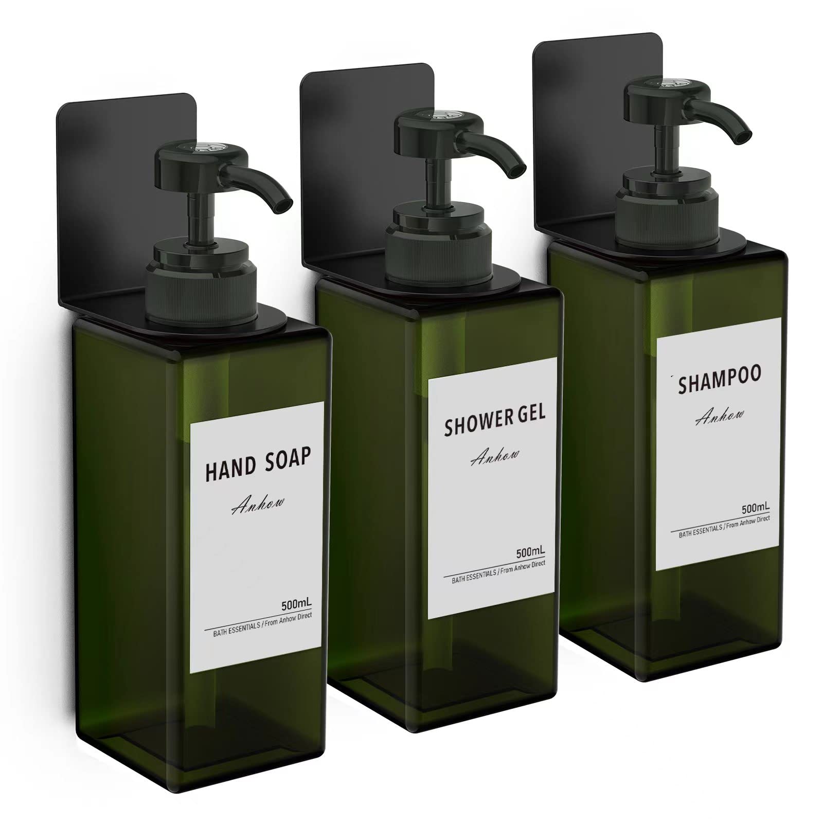 Anhow 3PCS Soap Dispenser Set 500 ml | Wall Mounted Shampoo and Conditioner Dispenser | Wall Without Drilling Plastic Shower Pump Dispenser with