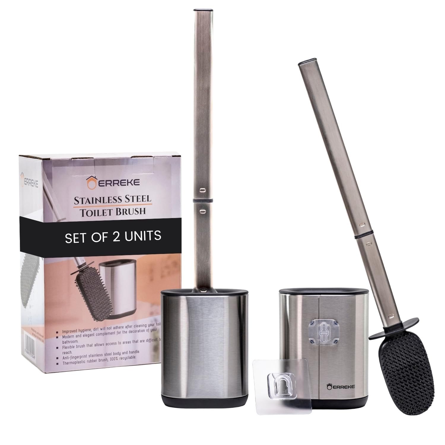 Erreke Set of 2 Silicone Toilet Brush, Toilet Brush, with Anti-Fingerprint Holder, Easy Wall Mounting, SS410 Stainless Steel, Hygienic, Flexible and