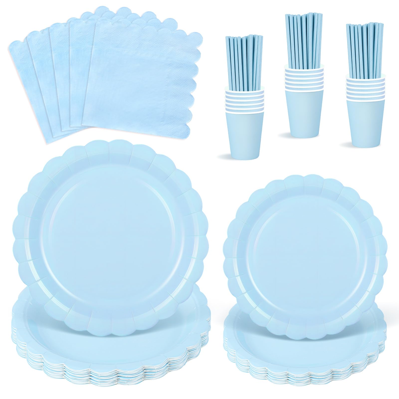 NatNarr 125 Pcs Light Blue Paper Plates and Napkins, Blue Graudation Party Supplies Include Light Blue Scalloped Plates Napkins Cups Straws for Baby