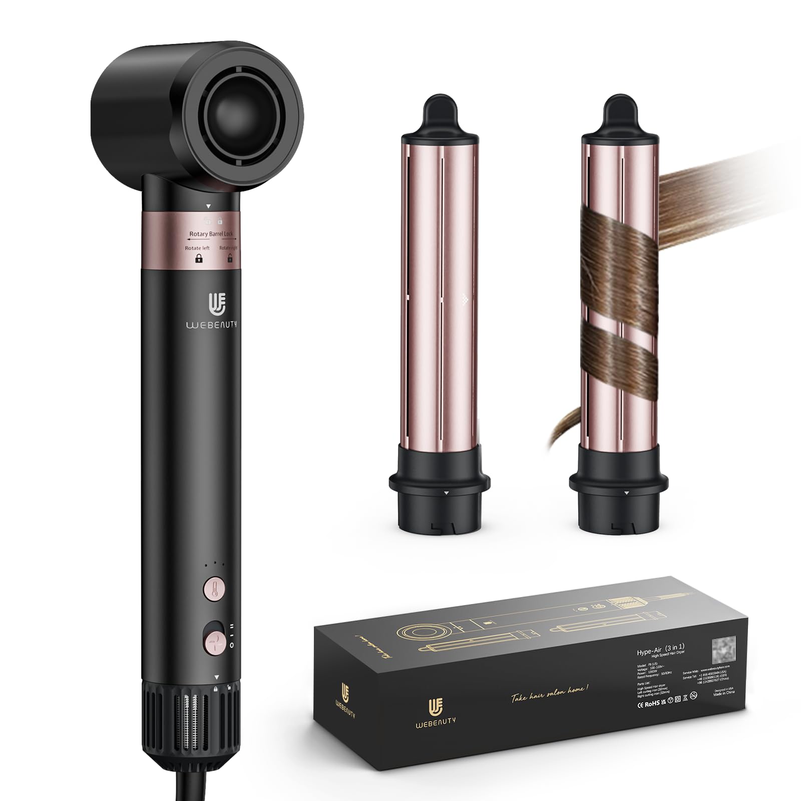 webeauty 3 in 1 Hot Air Styler,110,000 RPM, 20M/S Brushless High Speed Hair Dryer, 200 Million Ioni Negative Blow Dryer with Air Hair Curler for