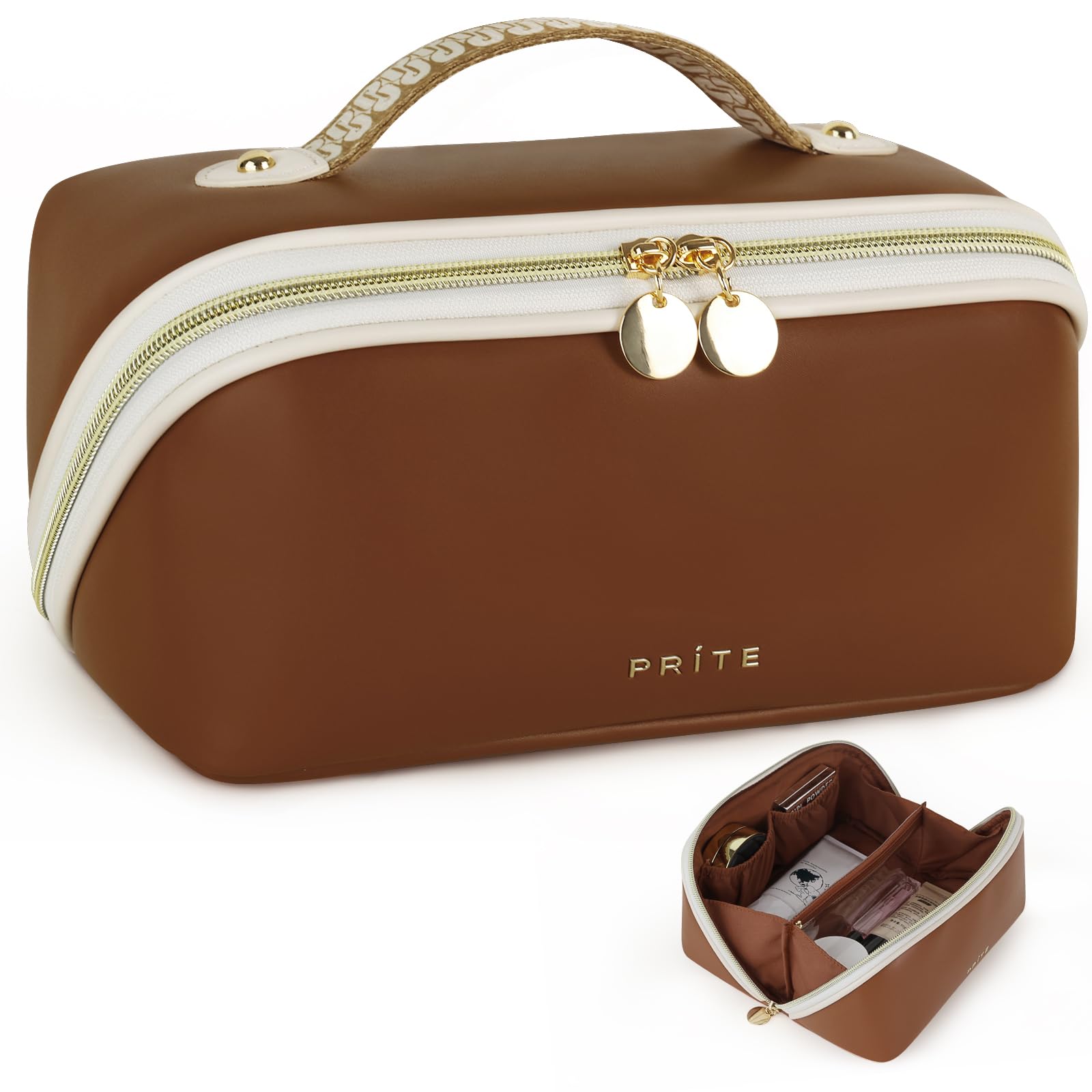 Prite Large Capacity Makeup Bag Portable Travel Cosmetic Bag Waterproof Toiletry Case with Clear Divider and Handle (Dark Brown M)