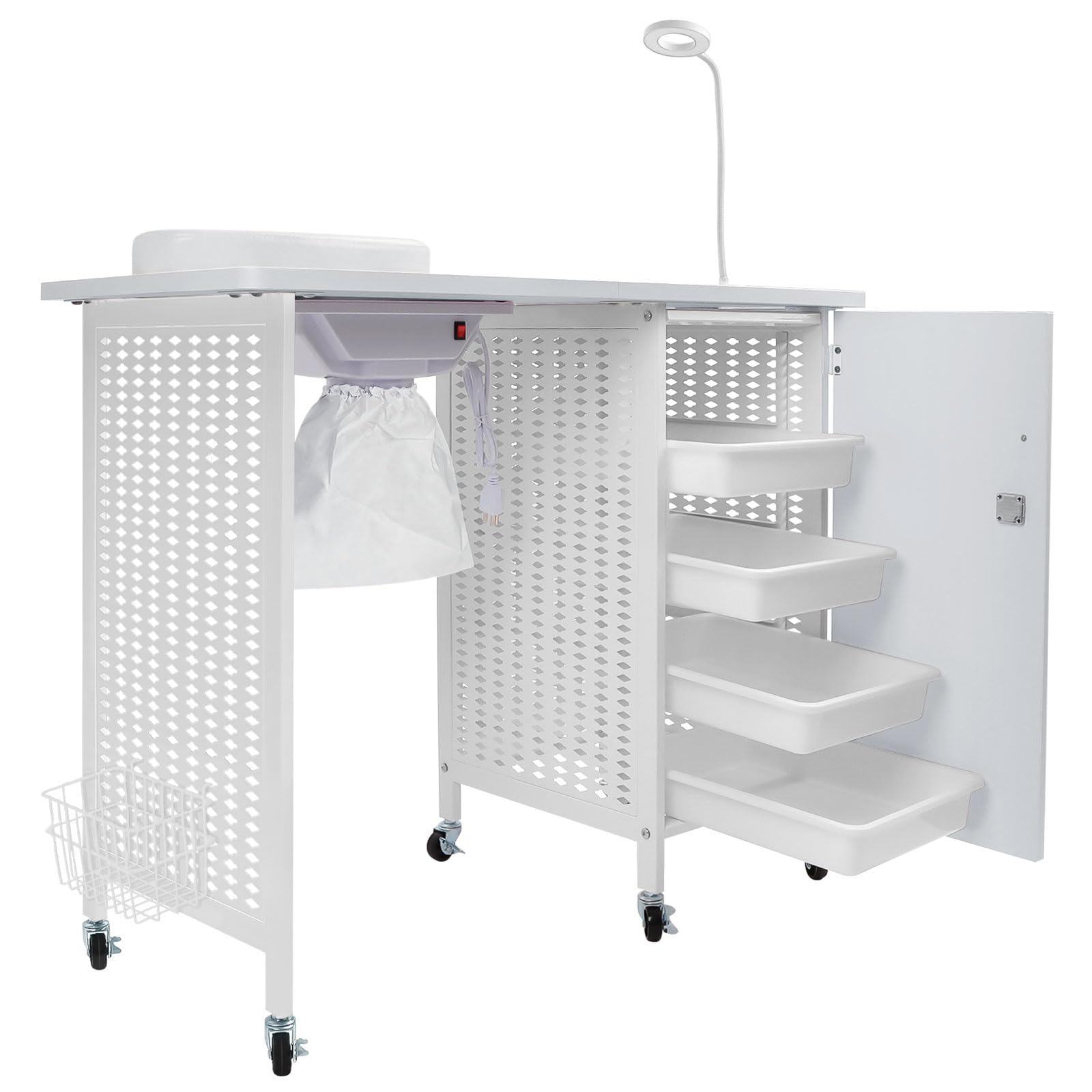 Kalolary Professional Manicure Table Salon Station, Mobile Nail Station with Nail Dust Collector, 4 Drawers, LED Lamps, Wrist Rest, Beauty Manicure