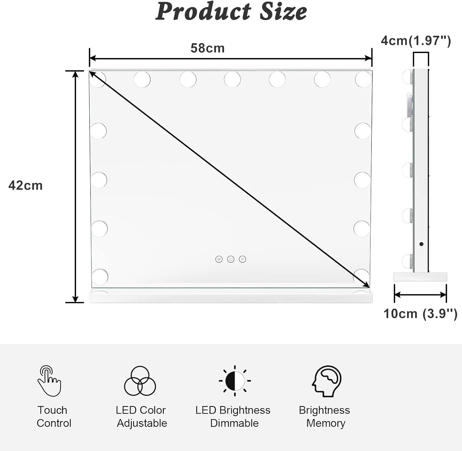Hollywood Vanity Mirror with Lights, 58x42cm, 15 Bulbs, 3 Color Modes Dripex