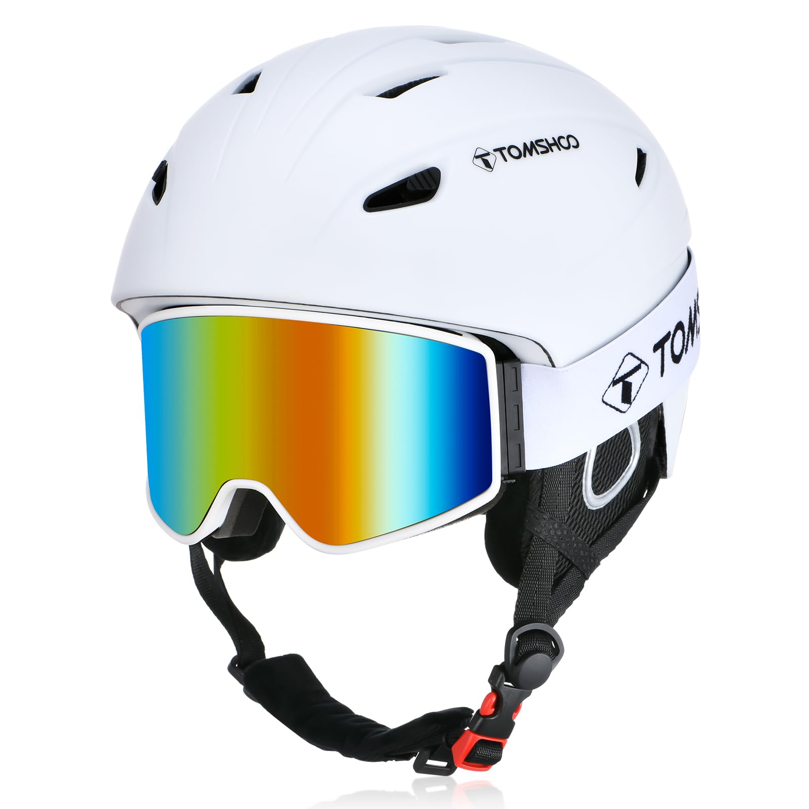 TOMSHOO Ski Helmet Set, Snowboard Helmet with Ski Goggles Set, Earmuffs, Ventilation Holes, Skiing Gear for Men Women Youth(L, White)