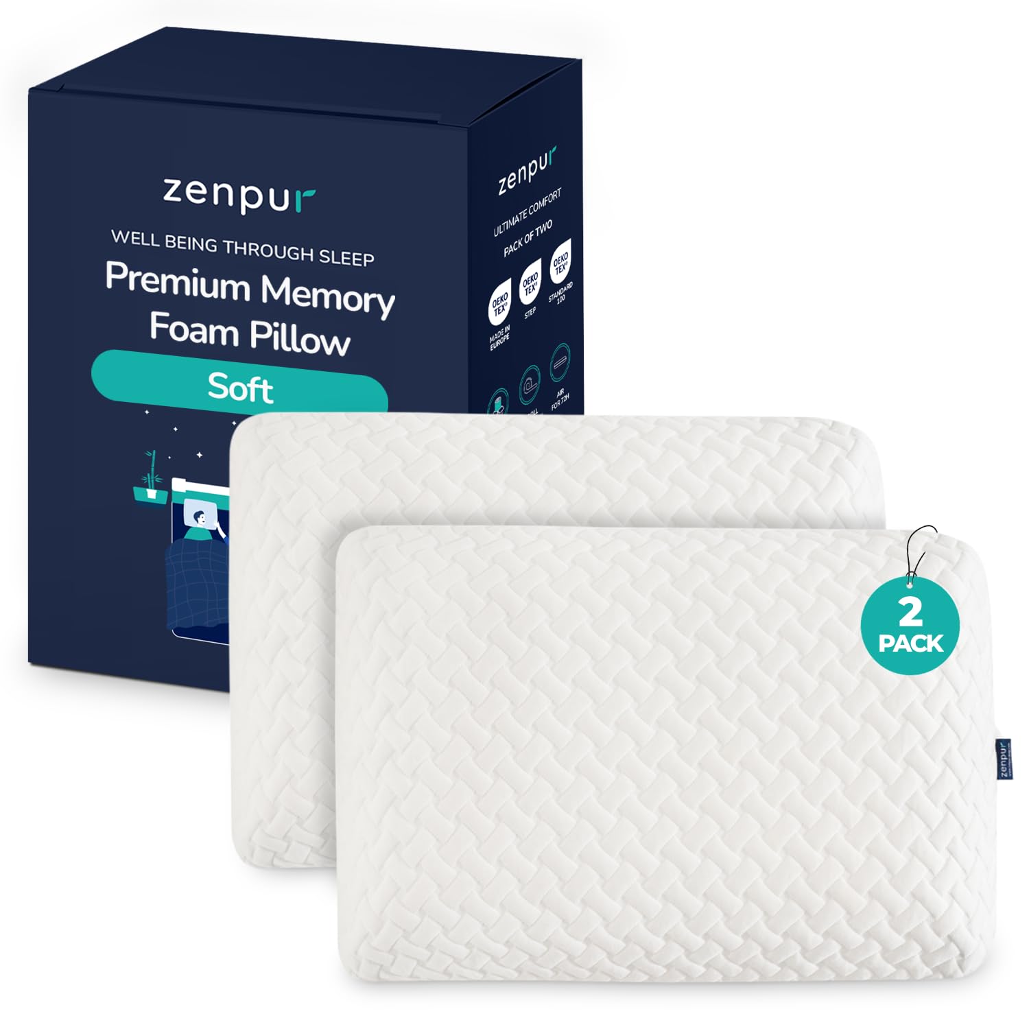 ZenPur Memory Foam Pillow, Orthopedic Pillow for Neck Support, EU Made, Soft version, 2-Pack, Comfortable Side Sleeper Pillow with Bamboo Pillow