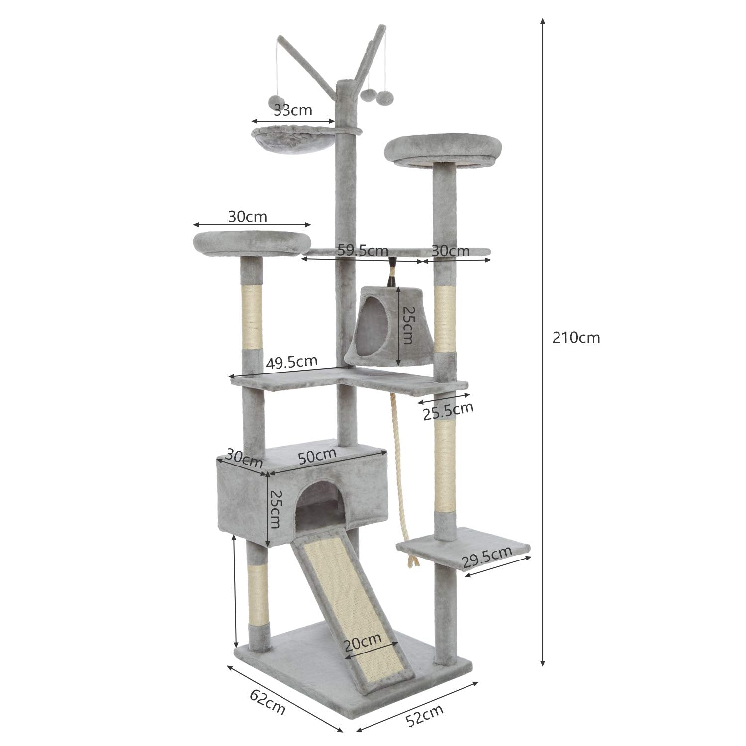 Meerveil Cat Tree, 210cm Cat Tower for Indoor Cats, Cat Climbing Tree with Activity Platforms, 3 Pompoms, 2 Condos, Basket and Sisal Scratching Posts,
